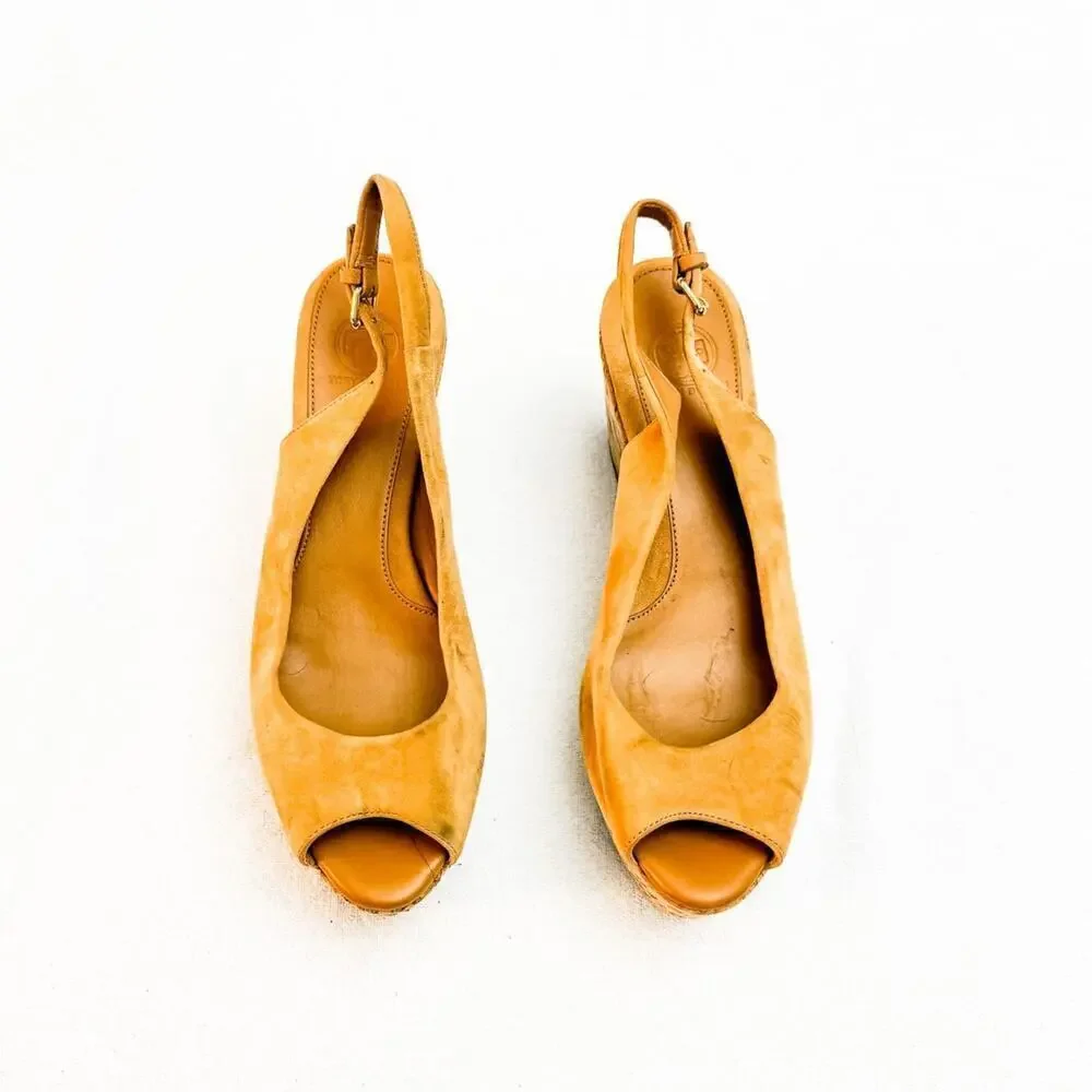 Tory Burch Tan Suede Peep Toe Wedge Slingback Sandals Size 8